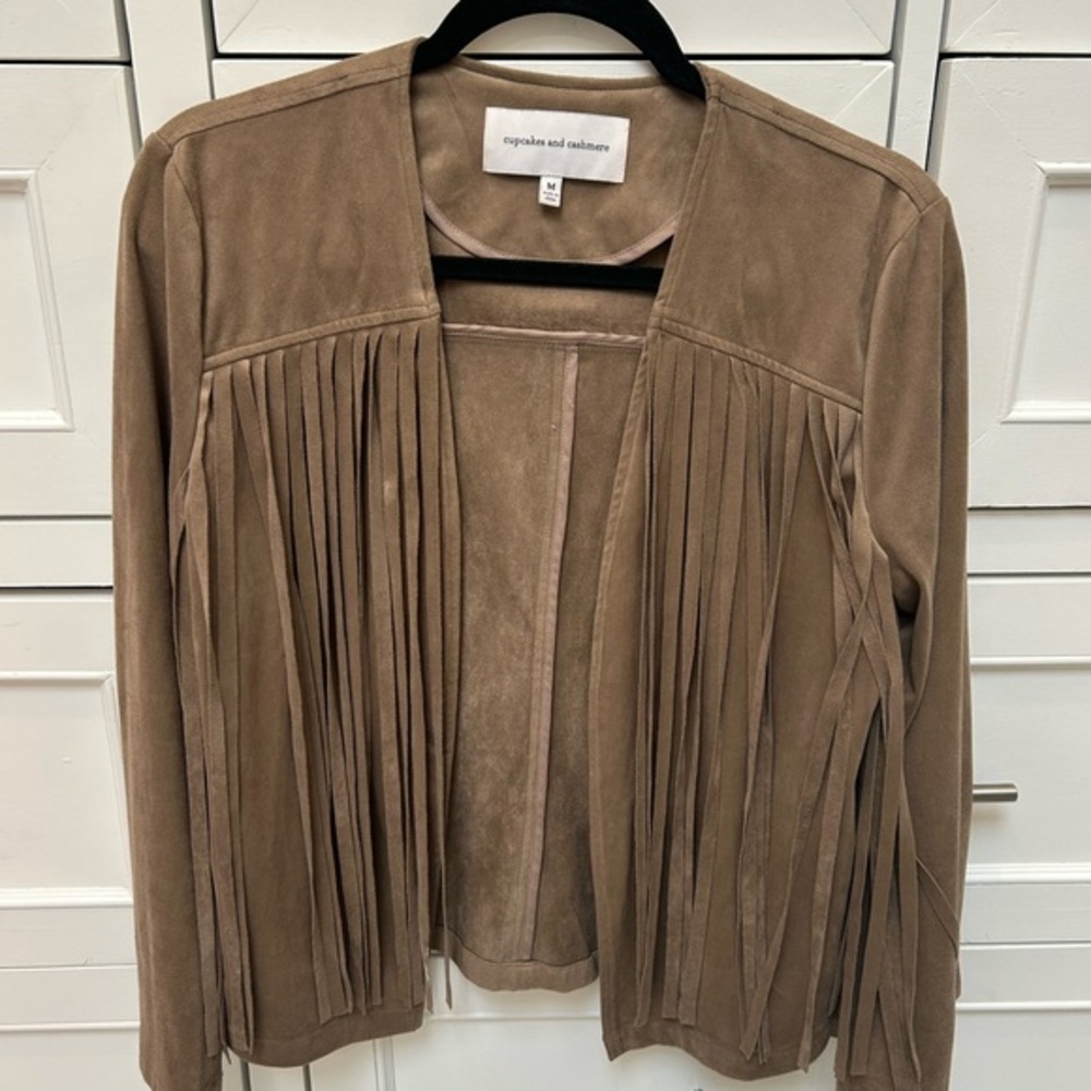 cupcakes & cashmere taupe suede fringe open-front jacket